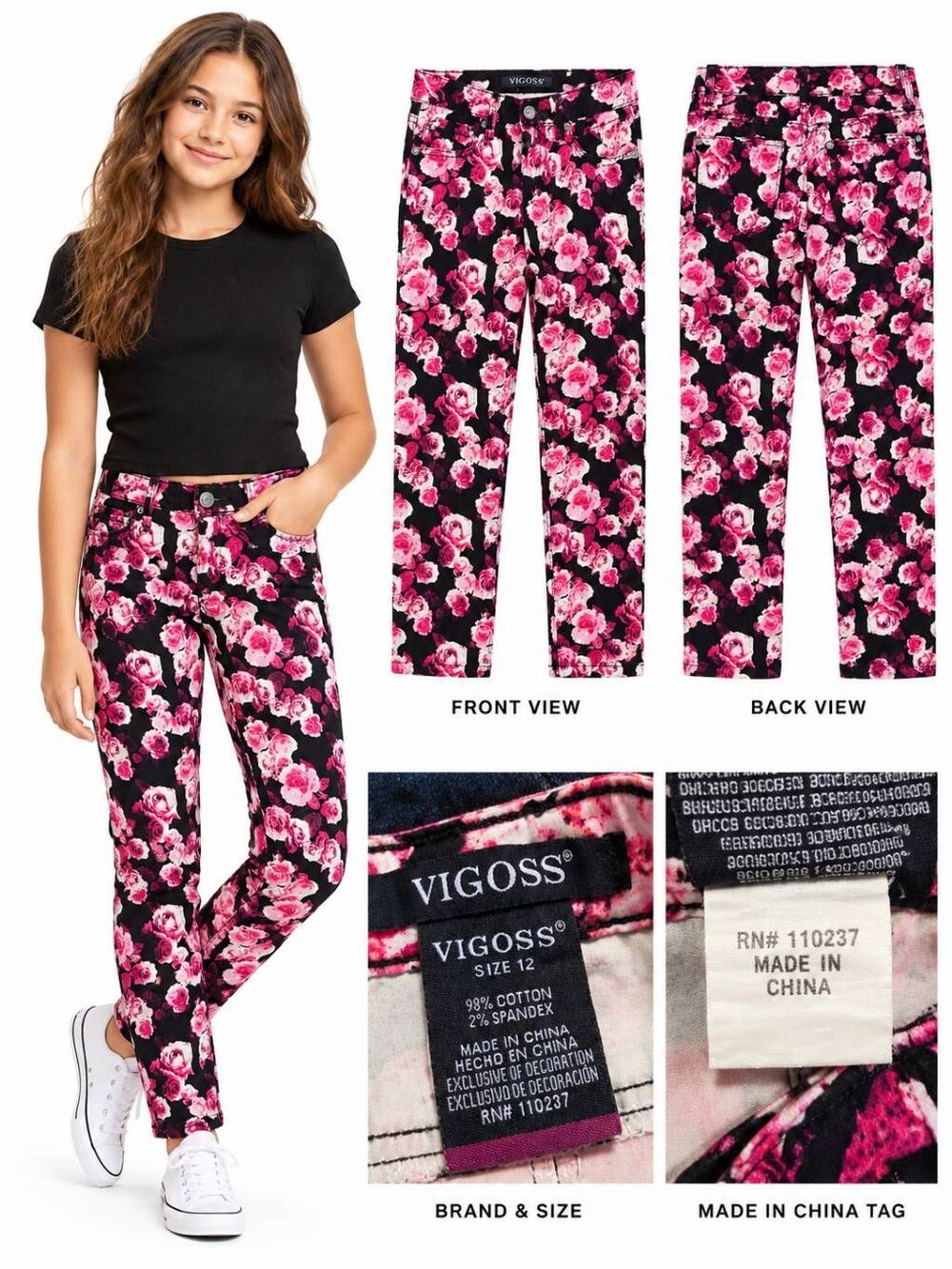 Vigoss Size 12 Girls Pink Floral Skinny Jeans Stretch
